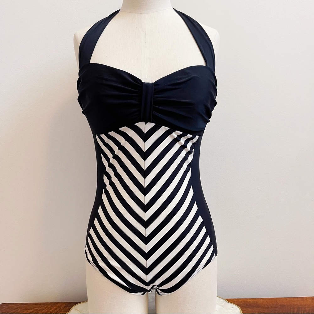 Barbiecore Black & White Halter Tie 1 piece bathing suit swimsuit Sz L Retro